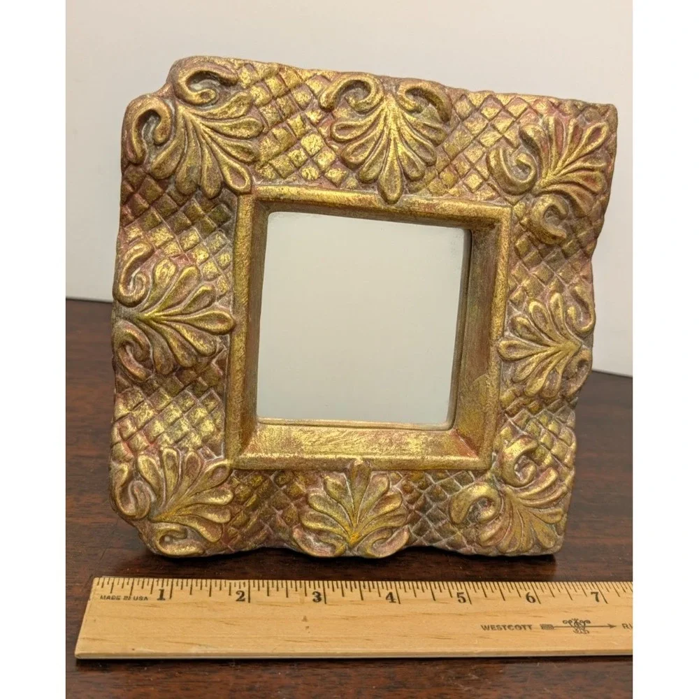 Vintage Ornate Gold Tone Tabletop or Wall Mirror Baroque Floral Scroll 7